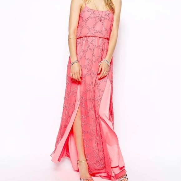 Needle & Thread Maxi Dress Punk Hot Pink Stars Cocktail Formal Prom Gown - Picture 2 of 10